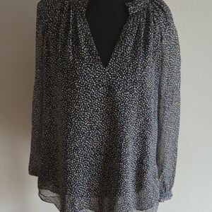 Diane von Furstenberg Black Patterned Long-sleeve Blouse Size 2 100% Silk V Neck